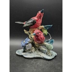 Vintage Stangl Pottery Scarlet Tanager Figurine Double Bird Branch Blue Flower